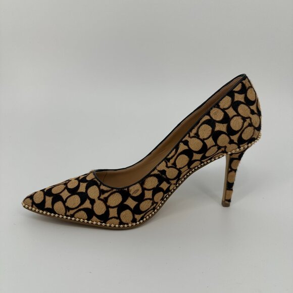 Coach C5924 Waverly Signature Calf Hair Pointed Toe Gold Trim Heels Size 9B - Picture 6 of 13